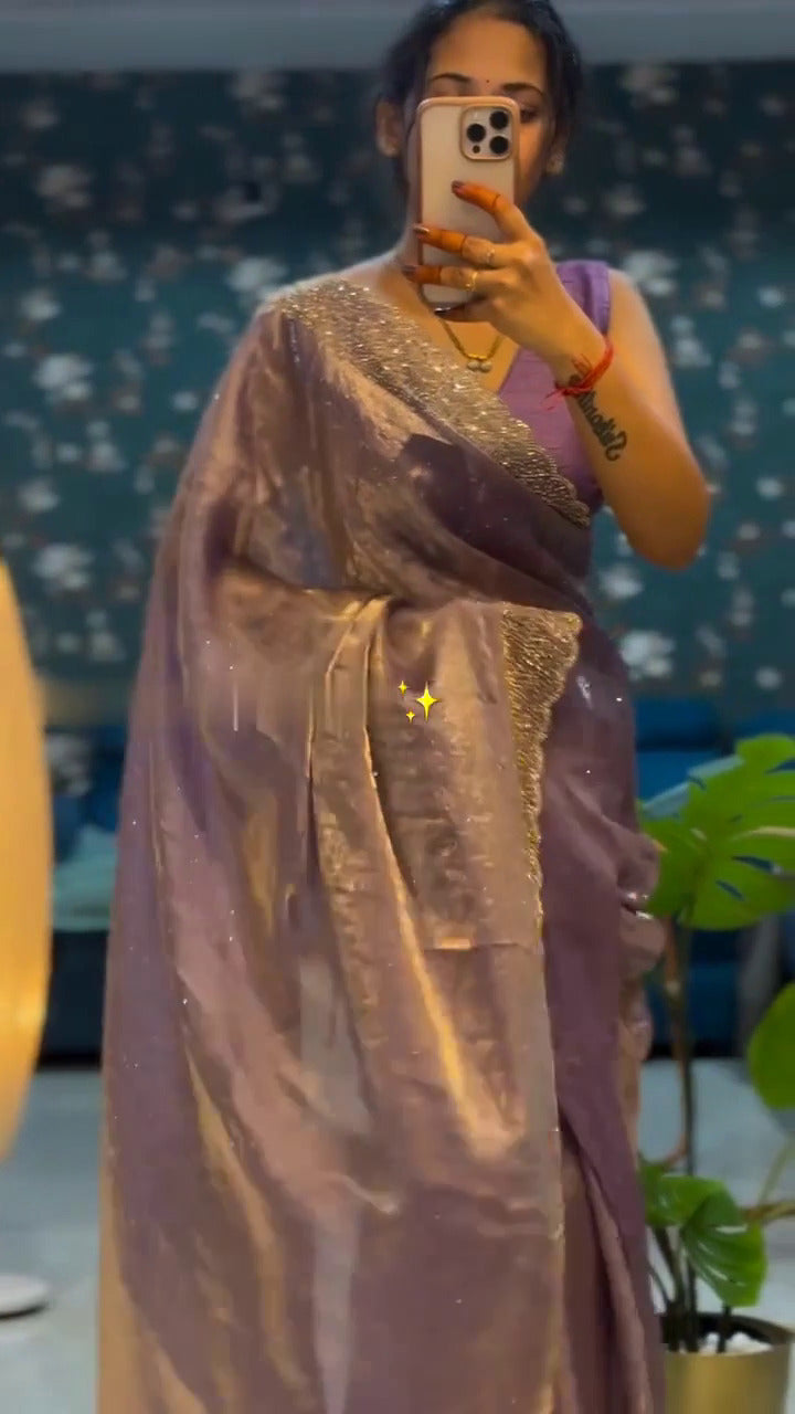 Luxurious Moss Fabric Saree with Swarovski Handwork