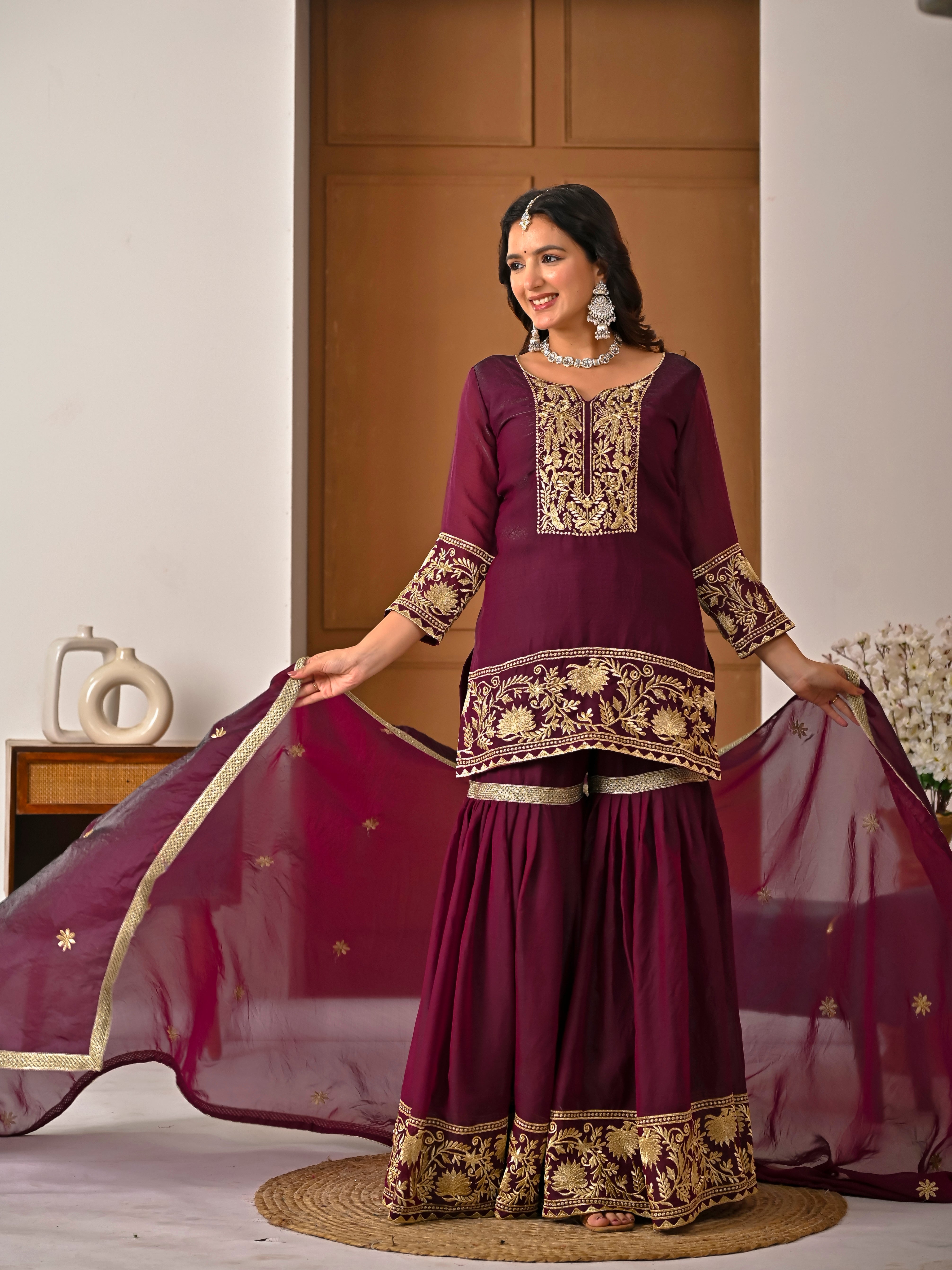 Wine Color Embroidered Fendy Silk Sharara Set | Avishkar Culture
