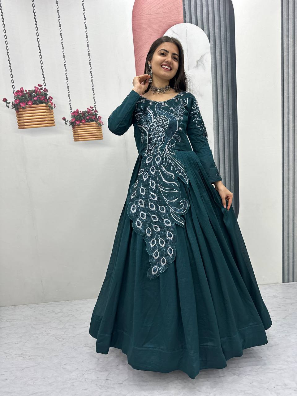 peacock green anarkali dress Embroidered Gown for Women – Motif Ethnic Party Wear – Avishkar Culture This Closed neck and Color:Cabernet Red Tree of Life Dress SCHL004437_PAT_M